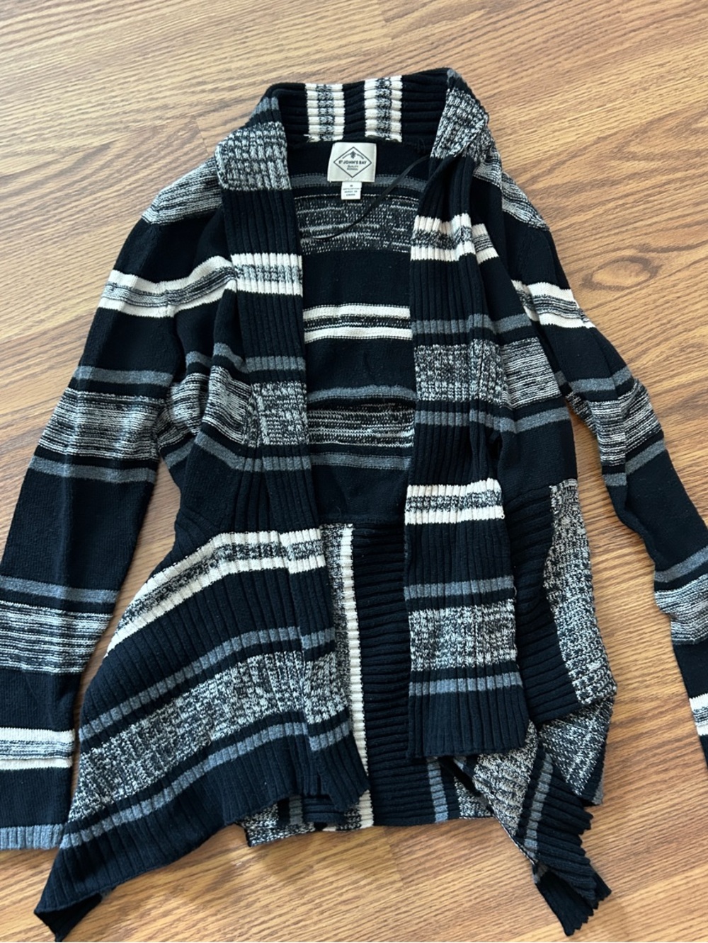 St. John's Bay Black, Gray & Cream Striped Open-Front Cardigan